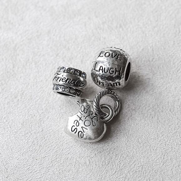 Brighton 3 PC Charms Love Bites Apple Friends Love Laugh Spacer Beads Silver Set - Picture 3 of 3